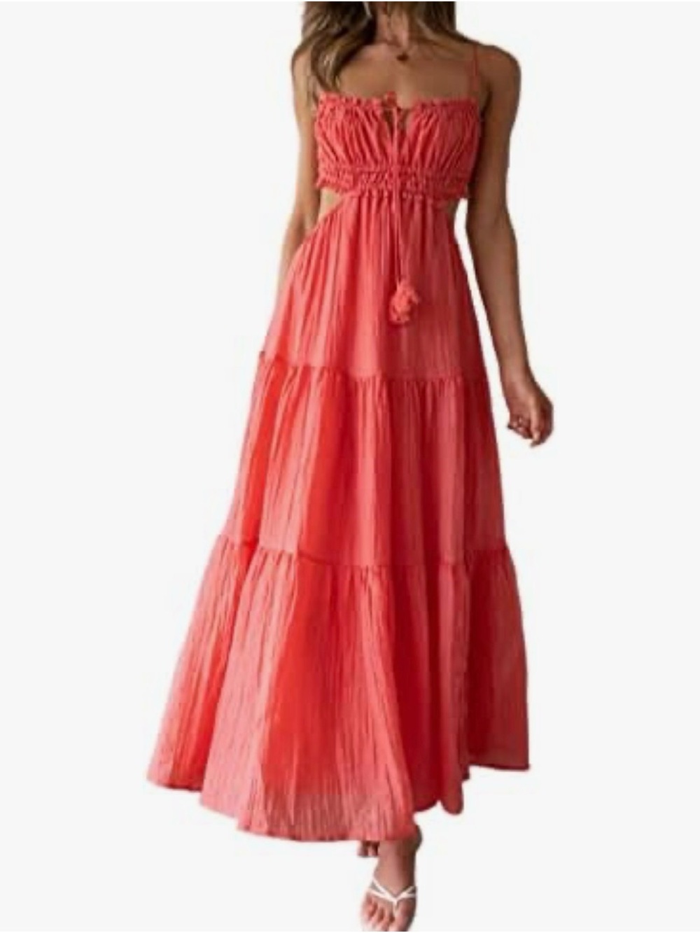 Coral Boho Cutout Tiered Maxi Dress Tassel Tie Small